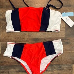 🧶🫐🤍Cupshe Tricolor Bandeau Bikini Set (Redish-Orange, Navy, & White)